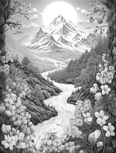 Majestic mountain with blooming flowers Free Printable Coloring Page for Adults