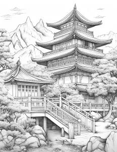 Majestic asian pagoda in monochrome sketch. Free Printable Coloring Page for Adults