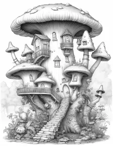 Whimsical mushroom-shaped house in black and white illustration. Free Printable Coloring Page for Adults