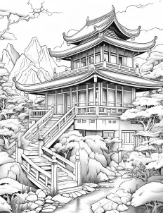 Serene black and white illustration of a traditional Chinese pagoda Free Printable Coloring Page for Adults