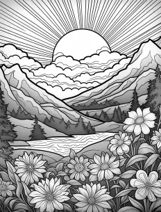 Majestic mountain landscape with delicate flowers Free Printable Coloring Page for Adults