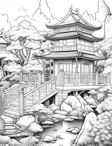 A traditional black and white drawing of a Japanese pagoda Free Printable Coloring Page for Adults