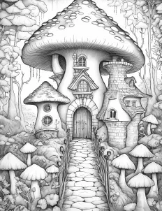 Whimsical mushroom-shaped house in black and white illustration. Free Printable Coloring Page for Adults