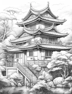 A traditional black and white drawing of a Japanese pagoda Free Printable Coloring Page for Adults