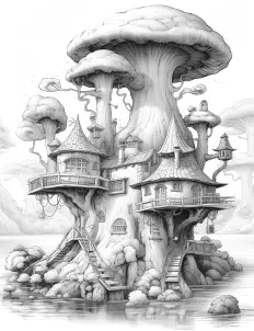 Whimsical mushroom-shaped house in black and white illustration. Free Printable Coloring Page for Adults