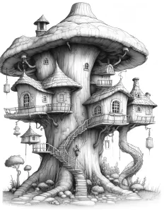 Whimsical mushroom-shaped house in black and white illustration. Free Printable Coloring Page for Adults