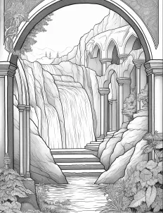 Majestic archway with cascading waterfall Free Printable Coloring Page for Adults