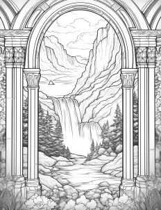 Majestic archway with cascading waterfall Free Printable Coloring Page for Adults