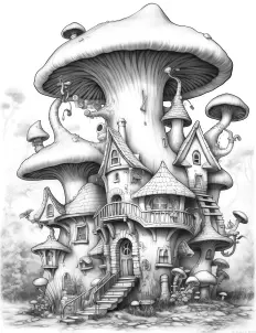 Whimsical mushroom-shaped house in black and white illustration. Free Printable Coloring Page for Adults