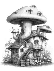 Whimsical mushroom-shaped house in black and white illustration. Free Printable Coloring Page for Adults