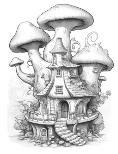 Whimsical mushroom-shaped house in black and white illustration. Free Printable Coloring Page for Adults