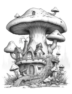 Whimsical mushroom-shaped house in black and white illustration. Free Printable Coloring Page for Adults