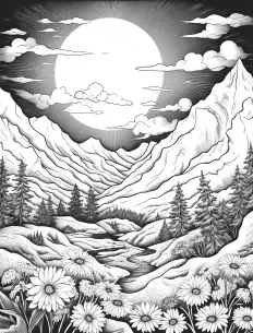 A serene mountain landscape adorned with daisies Free Printable Coloring Page for Adults