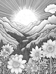 Sunflowers reaching towards the sky in a mountainous landscape. Free Printable Coloring Page for Adults