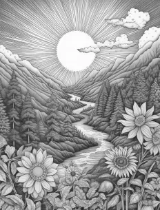 Sunflowers blooming along the tranquil river Free Printable Coloring Page for Adults