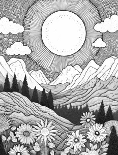 Majestic mountain landscape with delicate flowers Free Printable Coloring Page for Adults