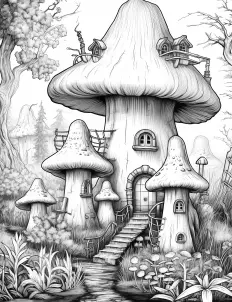 Enchanted mushroom house nestled in the forest Free Printable Coloring Page for Adults