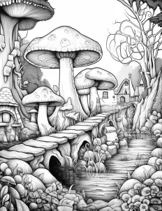 A serene forest scene with towering trees and scattered mushrooms Free Printable Coloring Page for Adults