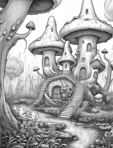 Whimsical mushroom-shaped house in black and white illustration. Free Printable Coloring Page for Adults