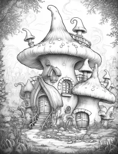 Whimsical mushroom-shaped house in black and white illustration. Free Printable Coloring Page for Adults