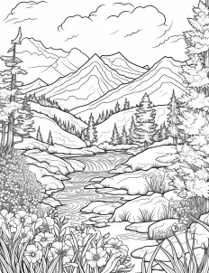 Majestic mountains towering over a peaceful river Free Printable Coloring Page for Adults