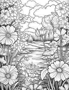 Serene river flowing through delicate flowers Free Printable Coloring Page for Adults