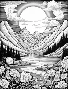 Majestic mountain landscape with delicate flowers Free Printable Coloring Page for Adults