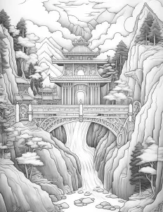 Majestic bridge spanning mountain peaks Free Printable Coloring Page for Adults