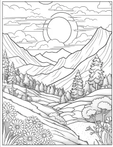 Majestic mountain peaks in a monochromatic landscape Free Printable Coloring Page for Adults