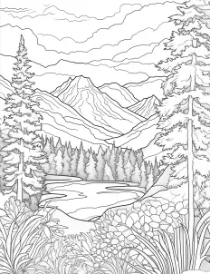 A serene landscape with towering mountains and lush trees Free Printable Coloring Page for Adults