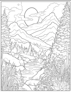 A scenic coloring page of mountains and a river Free Printable Coloring Page for Adults