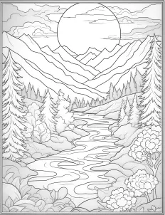 A serene mountain landscape with trees and a river Free Printable Coloring Page for Adults