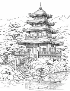 Majestic Japanese pagoda surrounded by cherry blossom trees. Free Printable Coloring Page for Adults