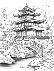 Japanese pagoda with river in background Free Printable Coloring Page for Adults
