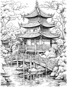 Traditional asian pagoda and bridge in serene landscape Free Printable Coloring Page for Adults