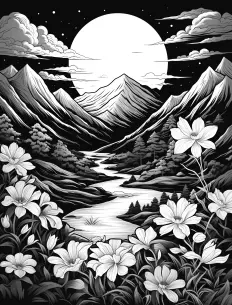 Majestic mountain with blooming flowers Free Printable Coloring Page for Adults