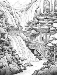 Majestic waterfall flowing in black and white Free Printable Coloring Page for Adults