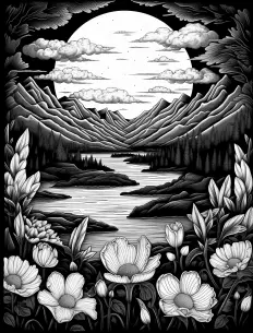 Majestic mountain with blooming flowers Free Printable Coloring Page for Adults