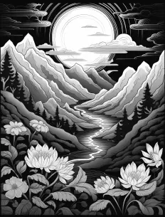 Majestic moonlit mountain illustration Free Printable Coloring Page for Adults