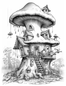 Whimsical mushroom-shaped house in black and white illustration. Free Printable Coloring Page for Adults