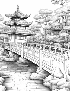 Tranquil Japanese garden with winding paths and lush greenery Free Printable Coloring Page for Adults