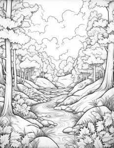 Tranquil river meandering through the forest Free Printable Coloring Page for Adults