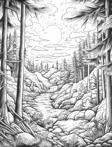 A tranquil forest scene captured in black and white Free Printable Coloring Page for Adults