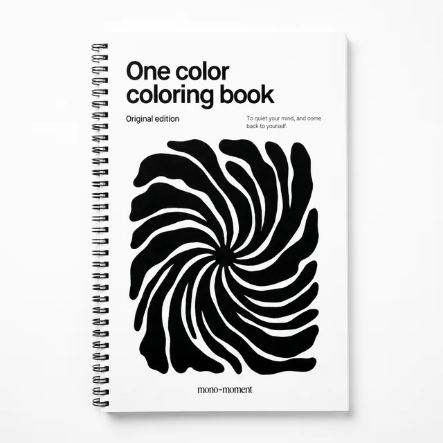 The One Color Coloring Book by Mono Moment, spiral bound with a bold black swirl cover