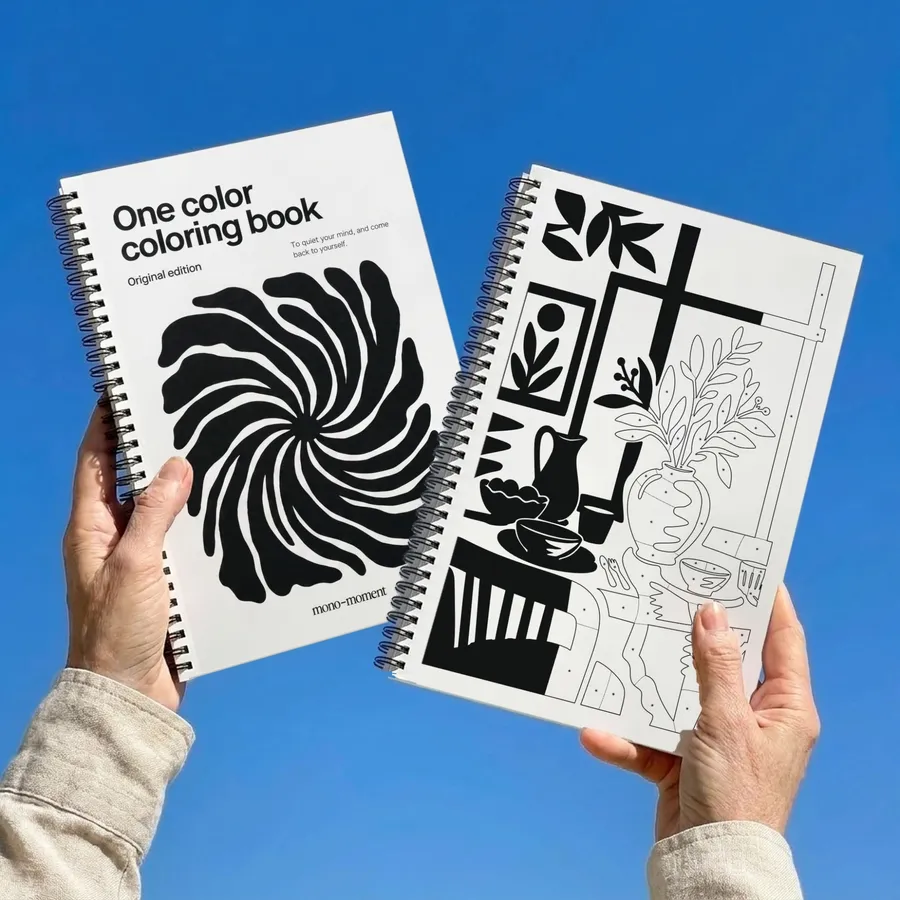 The One Color Coloring Book held against a blue sky, with an inside page