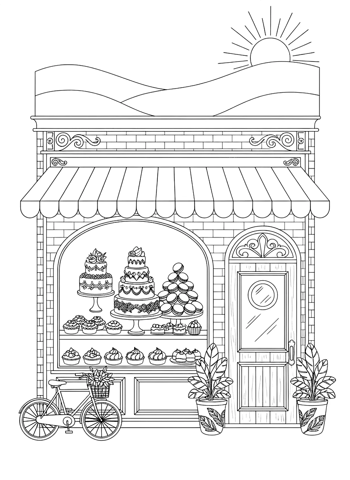 Aesthetic coloring page of a bakery storefront with cakes, macarons in the window and a striped awning