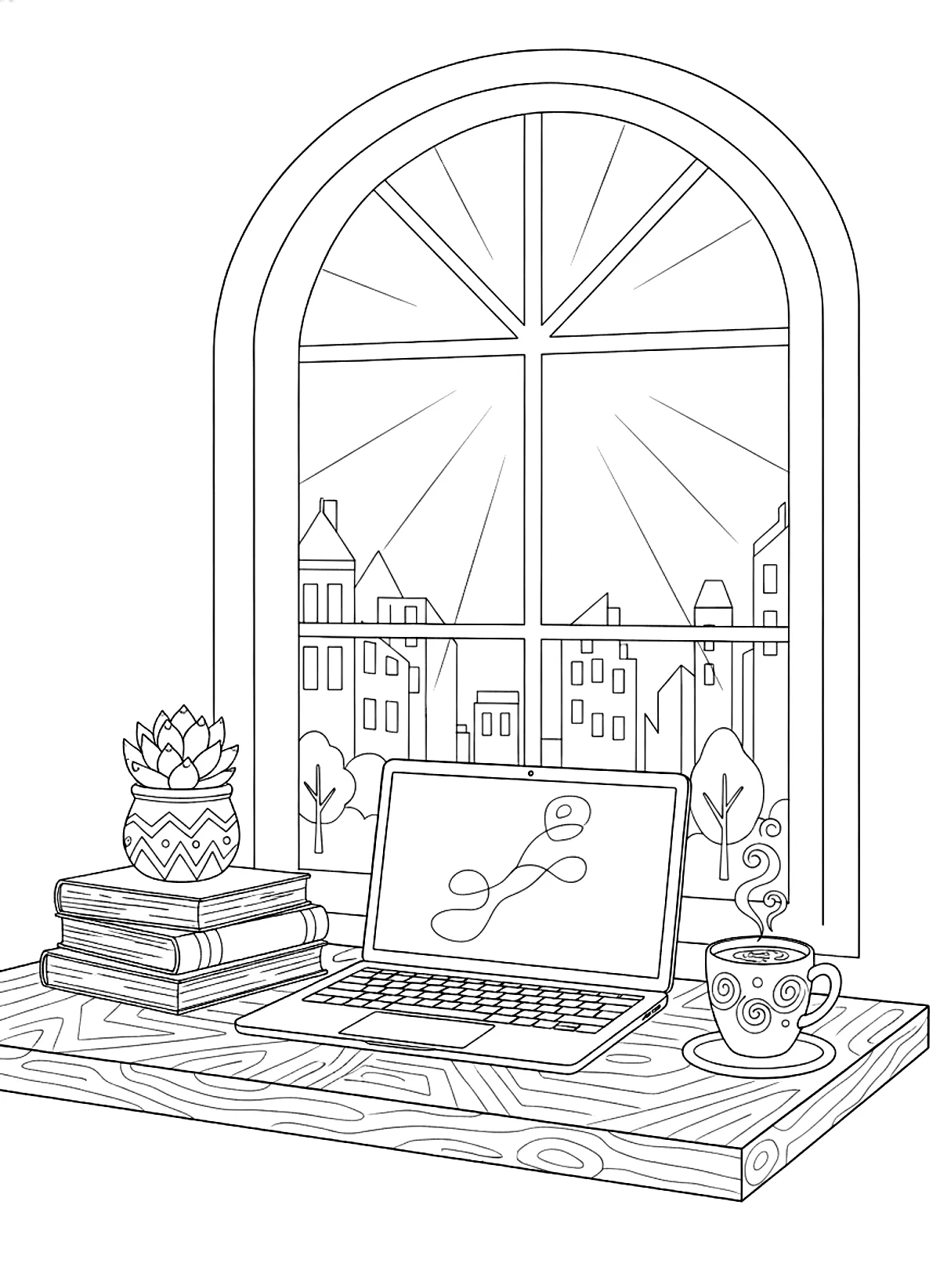Aesthetic coloring page of a desk corner with a laptop, books, a plant, a candle and a coffee cup by a window