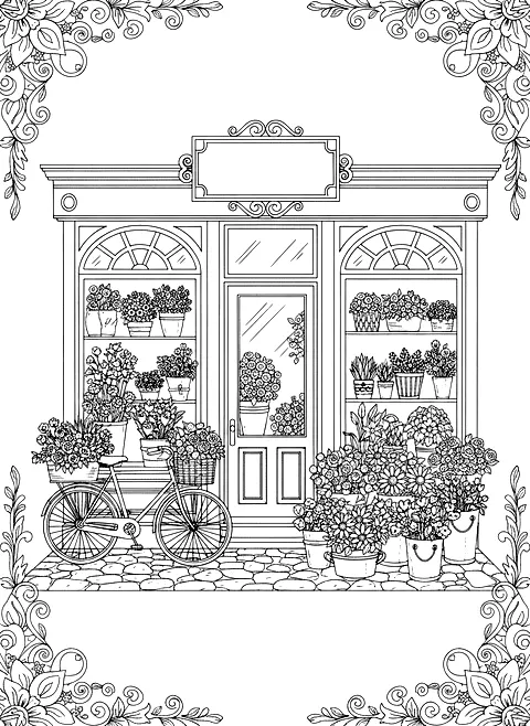 Flower shop storefront coloring page for adults: a pretty flower shop storefront with buckets of flowers and a bicycle, black line art