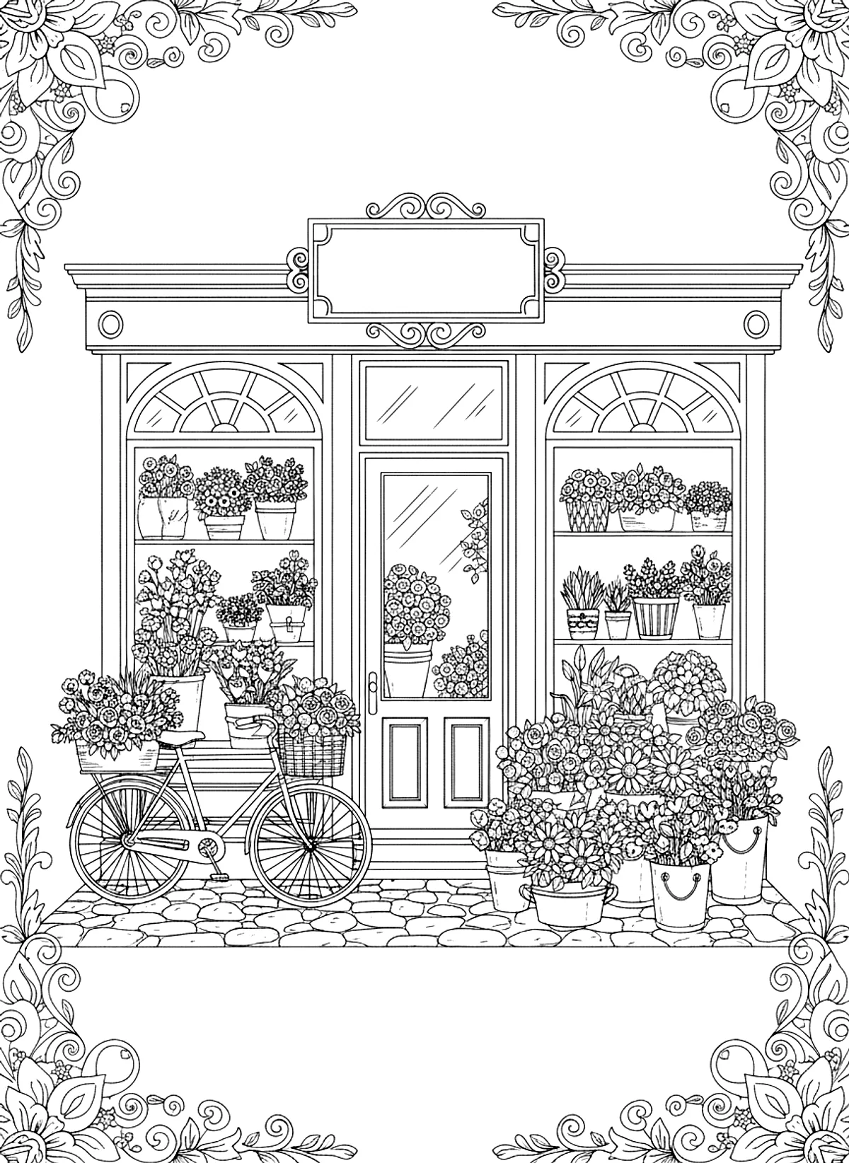 Flower shop storefront coloring page for adults: a pretty flower shop storefront with buckets of flowers and a bicycle, black line art