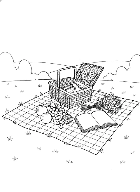 Picnic in the park coloring page for adults: a picnic blanket with a basket, fruit, sandwiches, a book and flowers, black line art